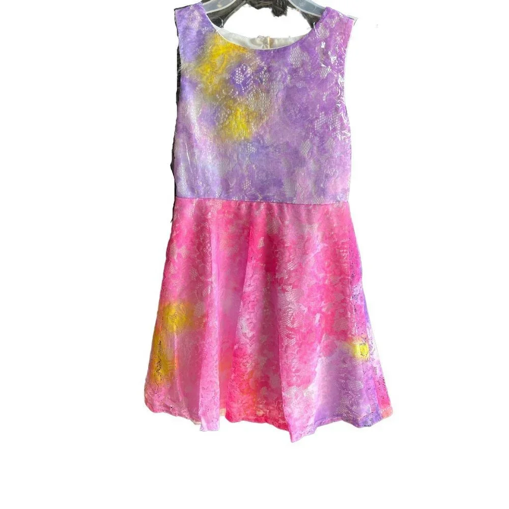 Girls Tie Dye Easter Dress Lace Pink Yellow Purple Lace Over The Skirt 8-12 - Picture 3 of 9
